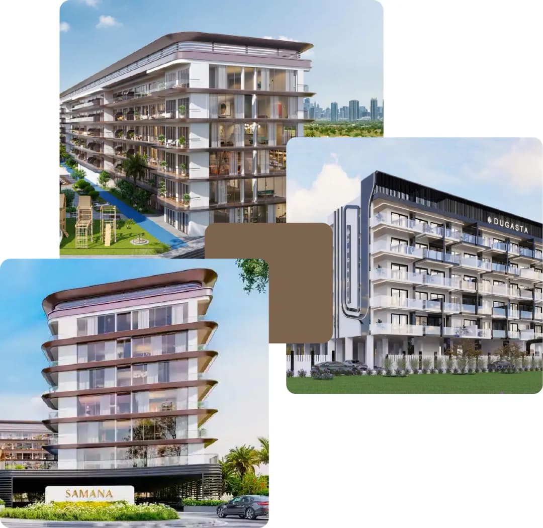 Modern residential buildings with landscaped gardens