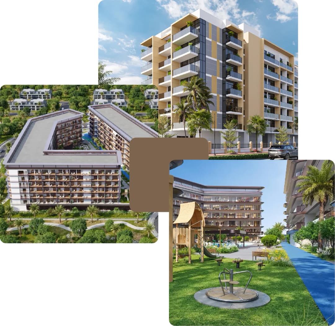 Modern residential complex with playground and greenery