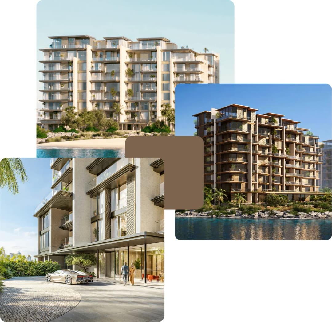 The image shows luxury apartments by the beach with a car