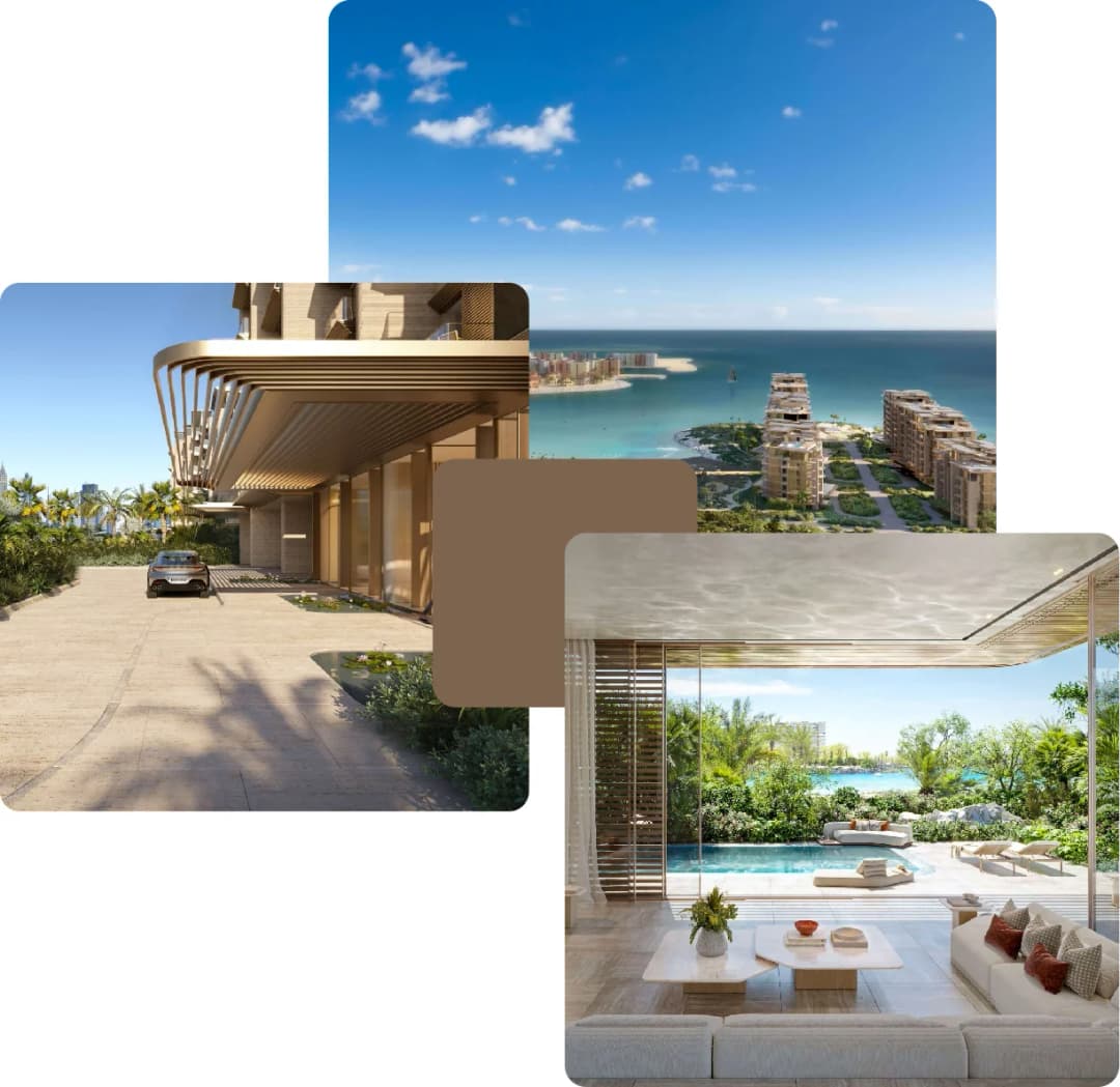 Luxury apartment exteriors, beachfront view, and interiors