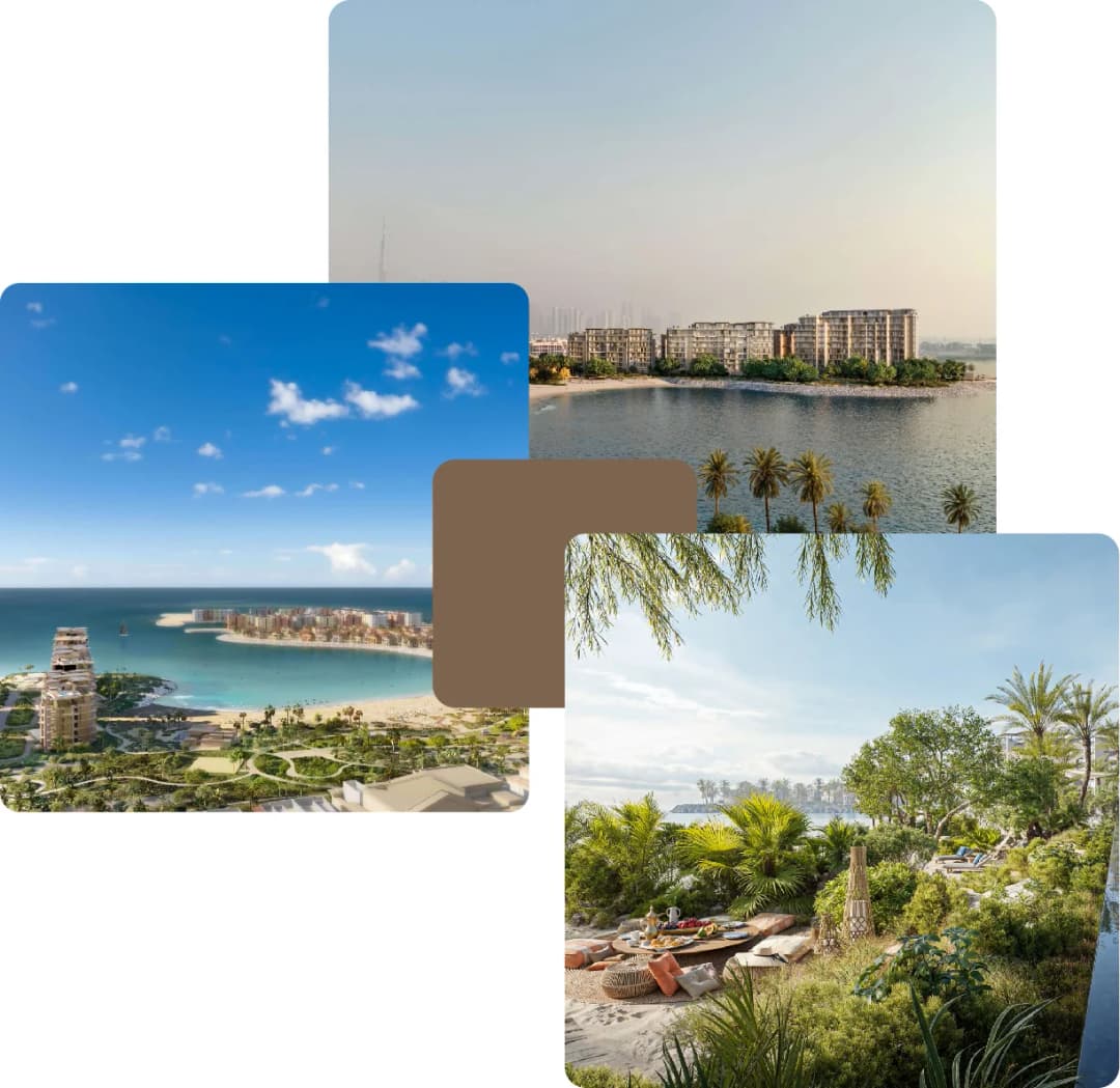 The image shows three scenic views of a coastal area