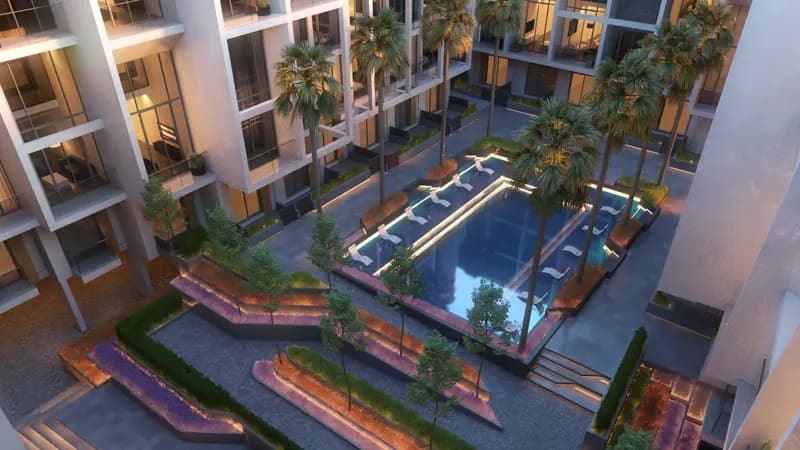 Luxury apartment complex courtyard with pool