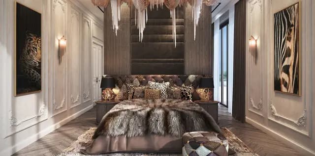 Luxury bedroom with a fur blanket and animal print decor