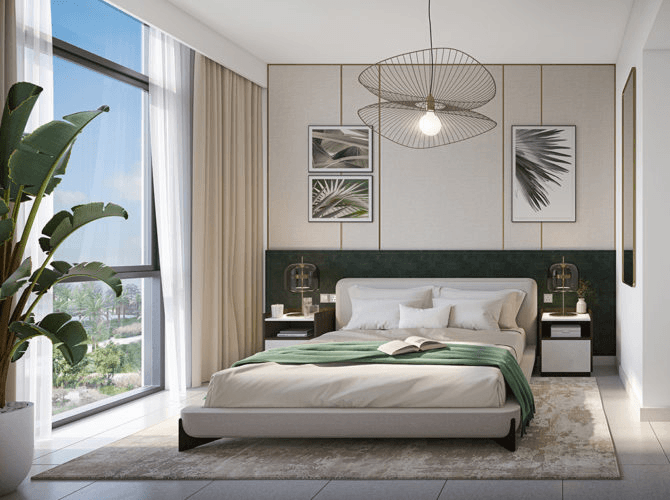 Bedroom with large windows and cityscape view