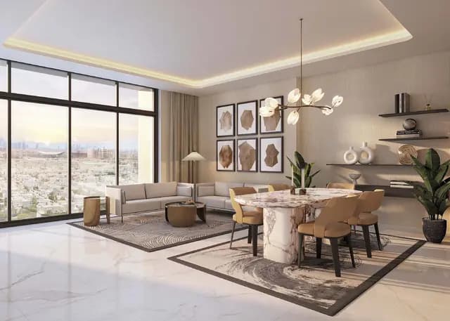 Modern dining and living area with a panoramic city view