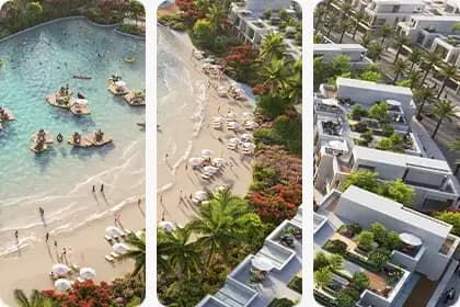 Beachfront view with vibrant greenery, villas, and water activities