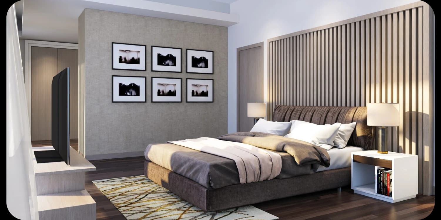 Modern bedroom with wood paneling and framed art