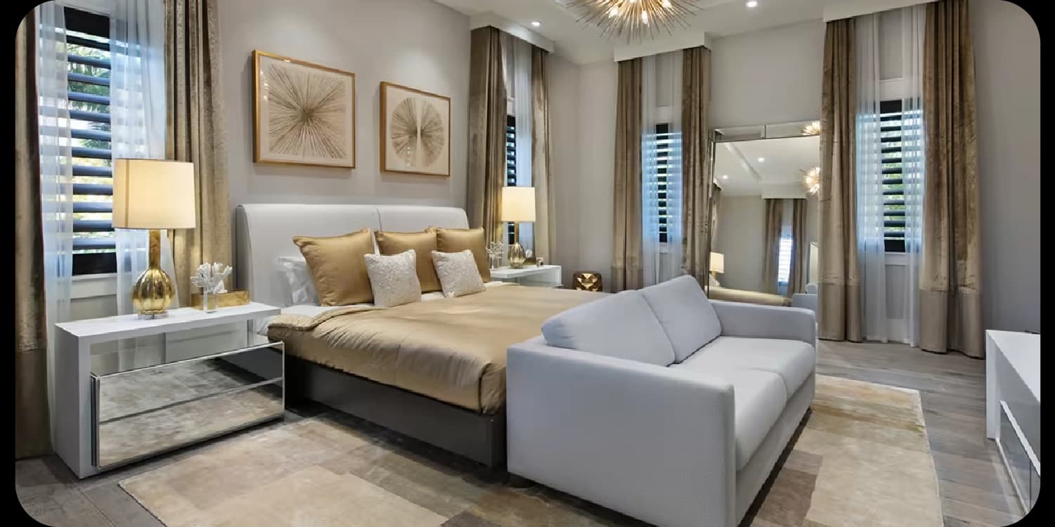 A luxurious bedroom with a gold and white color scheme