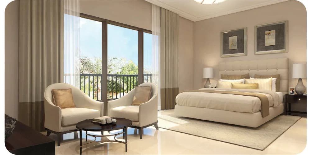 Spacious bedroom with a view and natural lighting