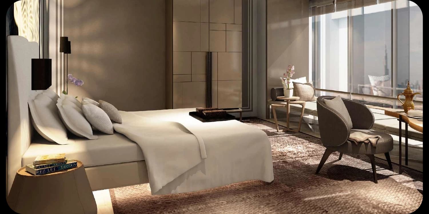 Serene bedroom with neutral tones and city view