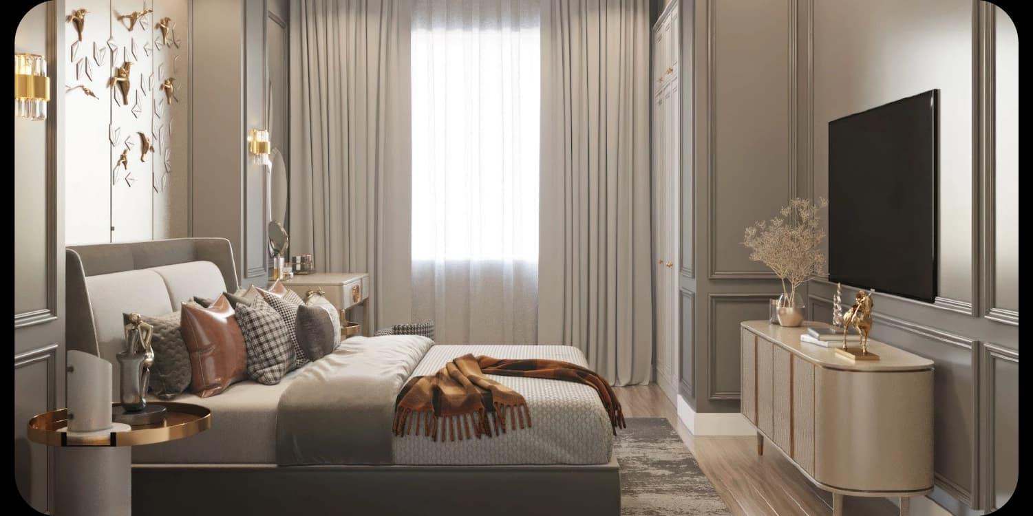 Elegant bedroom with TV and soft, neutral tones