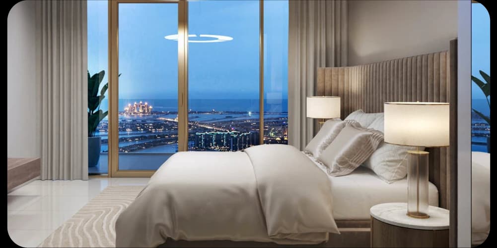 Modern bedroom with city view at night