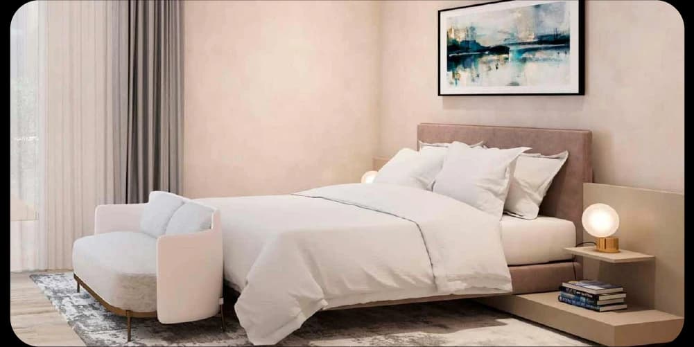 Modern bedroom with white bed and soft lighting