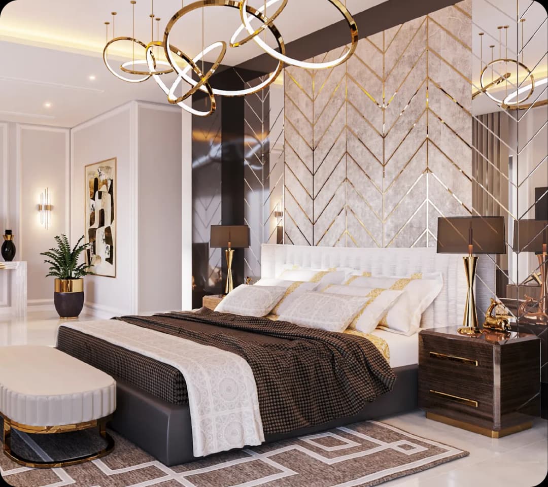 Opulent bedroom with gold accents and unique lighting