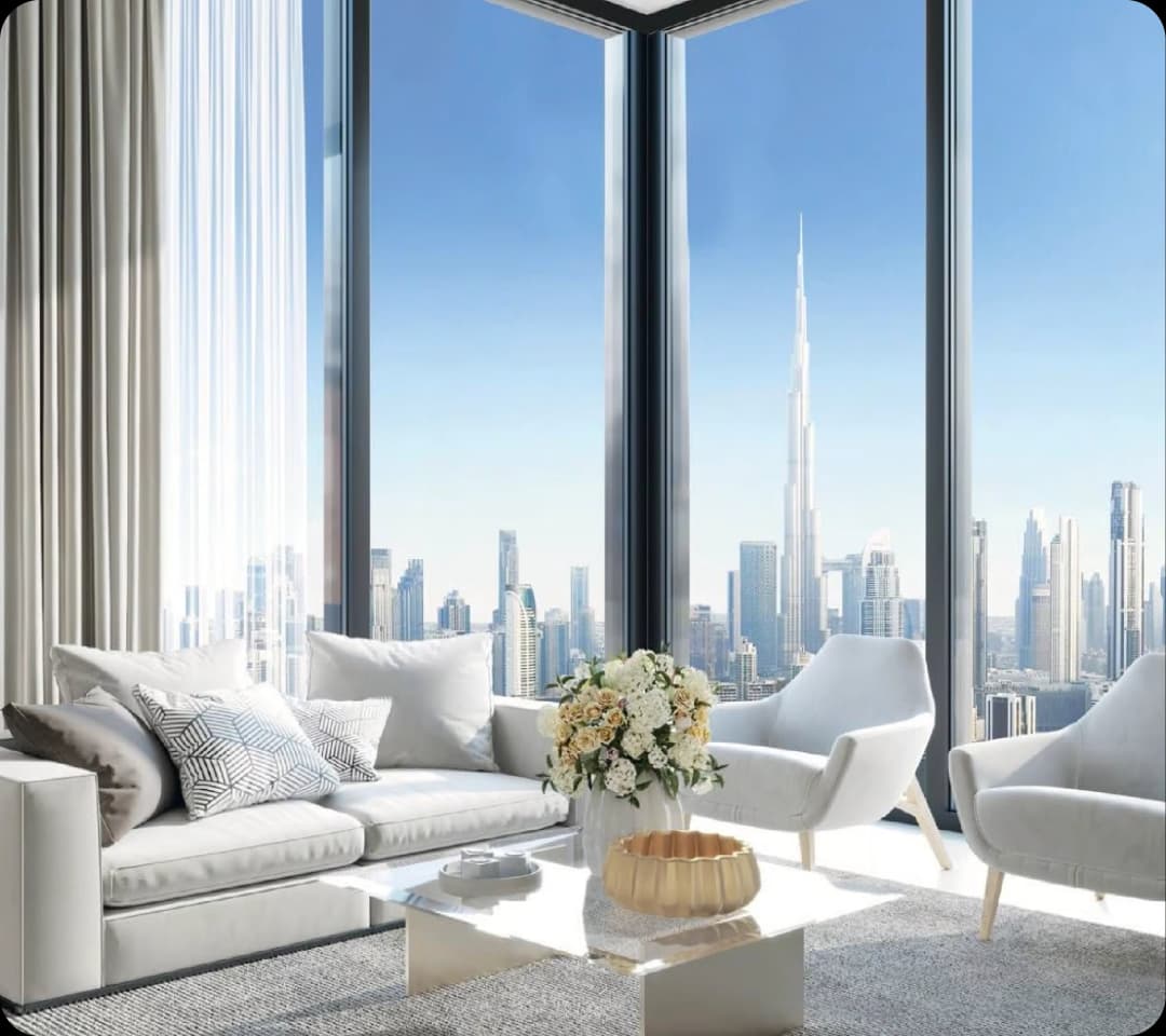 Modern living room with stunning Dubai skyline view