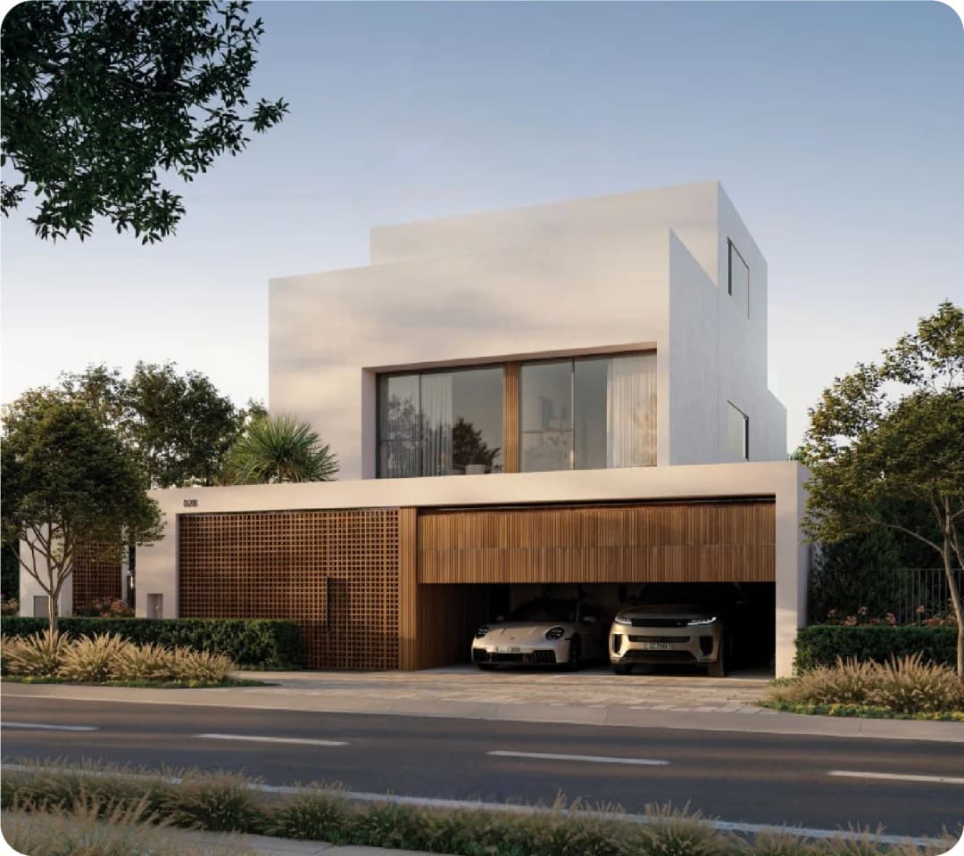 Modern white house with wooden garage and green garden
