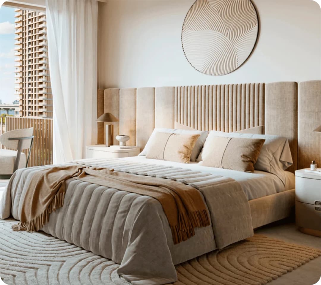 Elegant bedroom with soft beige tones and balcony view