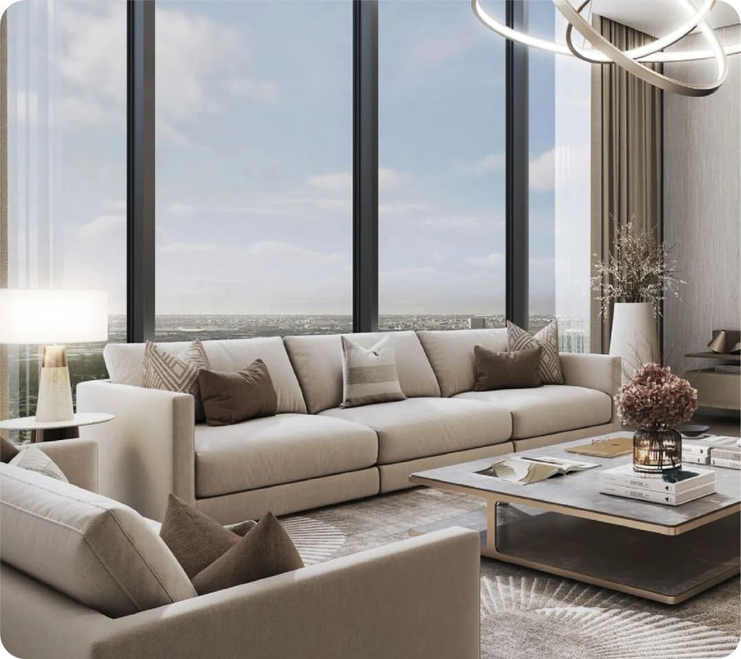Luxury living room with panoramic city views