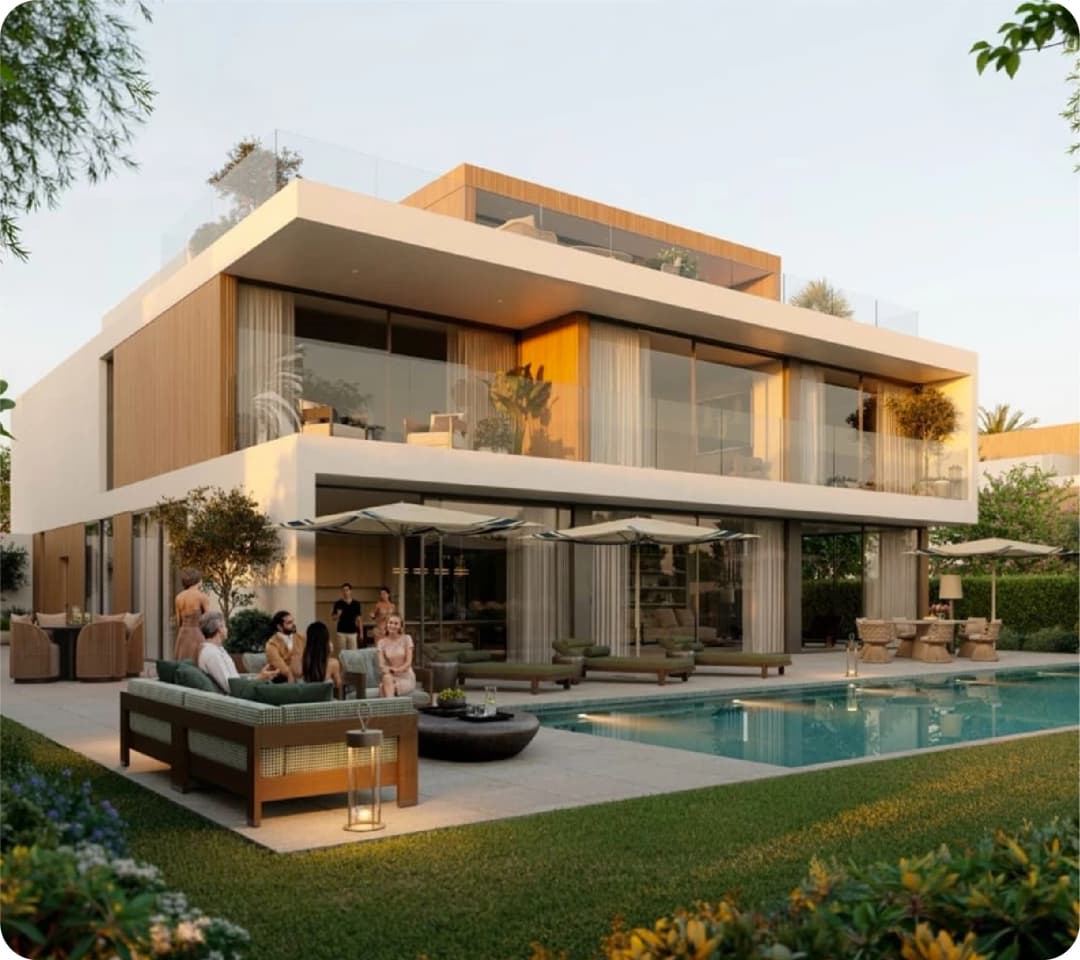 Luxurious villa with a swimming pool and outdoor seating