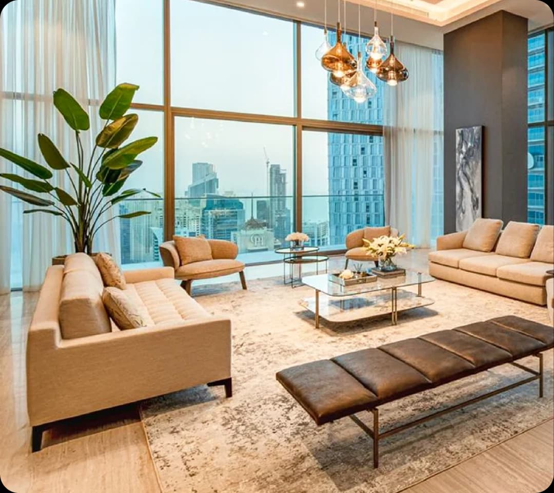 Modern living room with large windows and city view