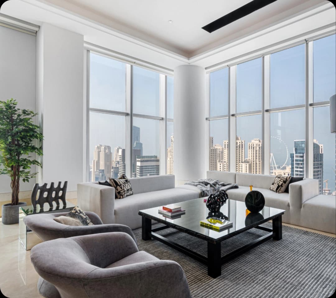 Bright living room with panoramic city views