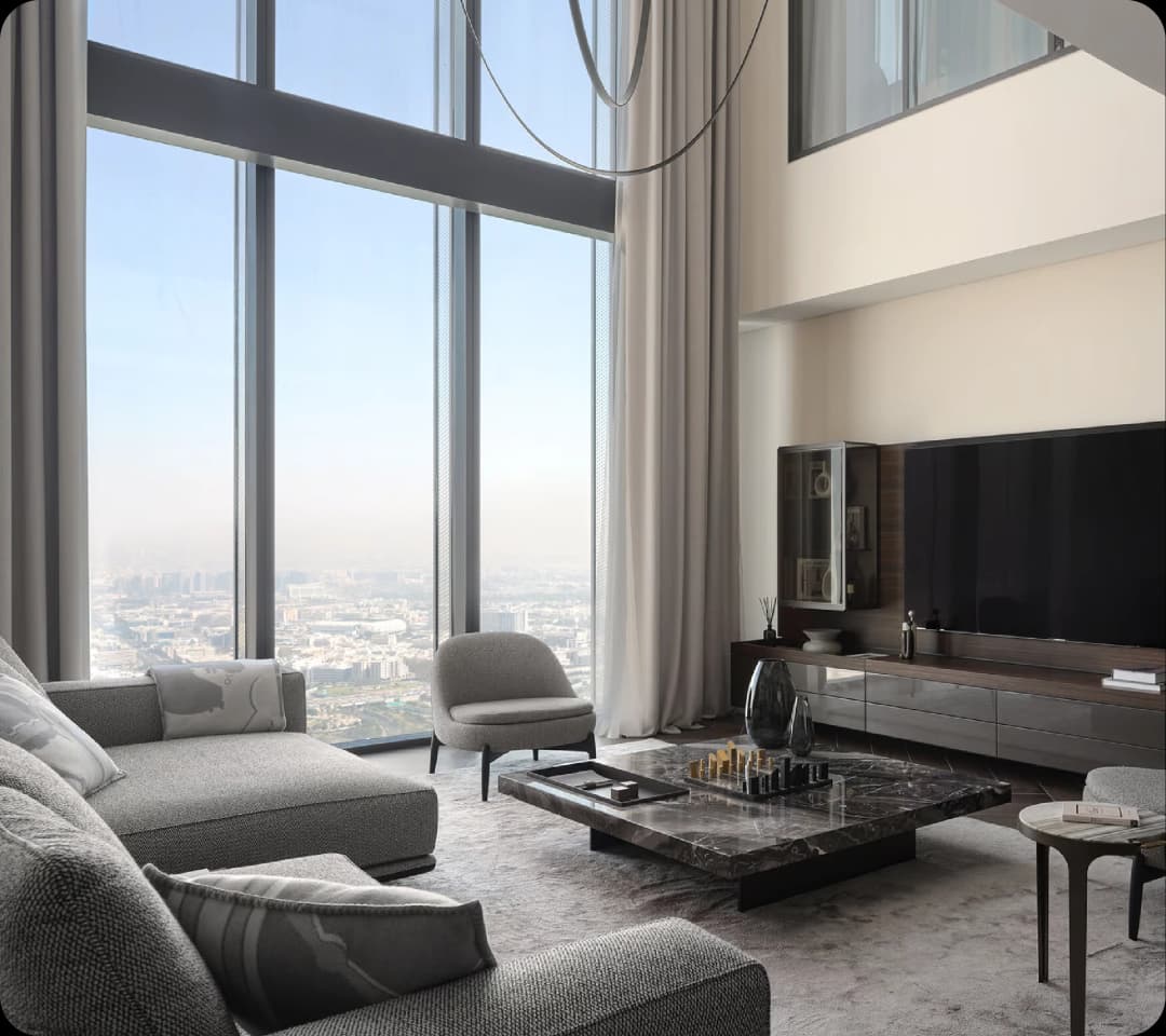 Modern living room with expansive city view windows