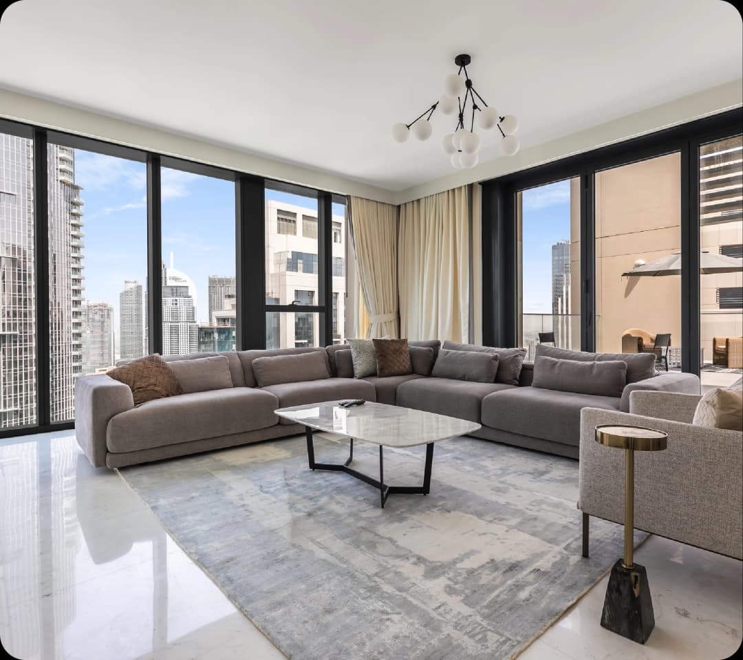 Spacious modern living room with city views