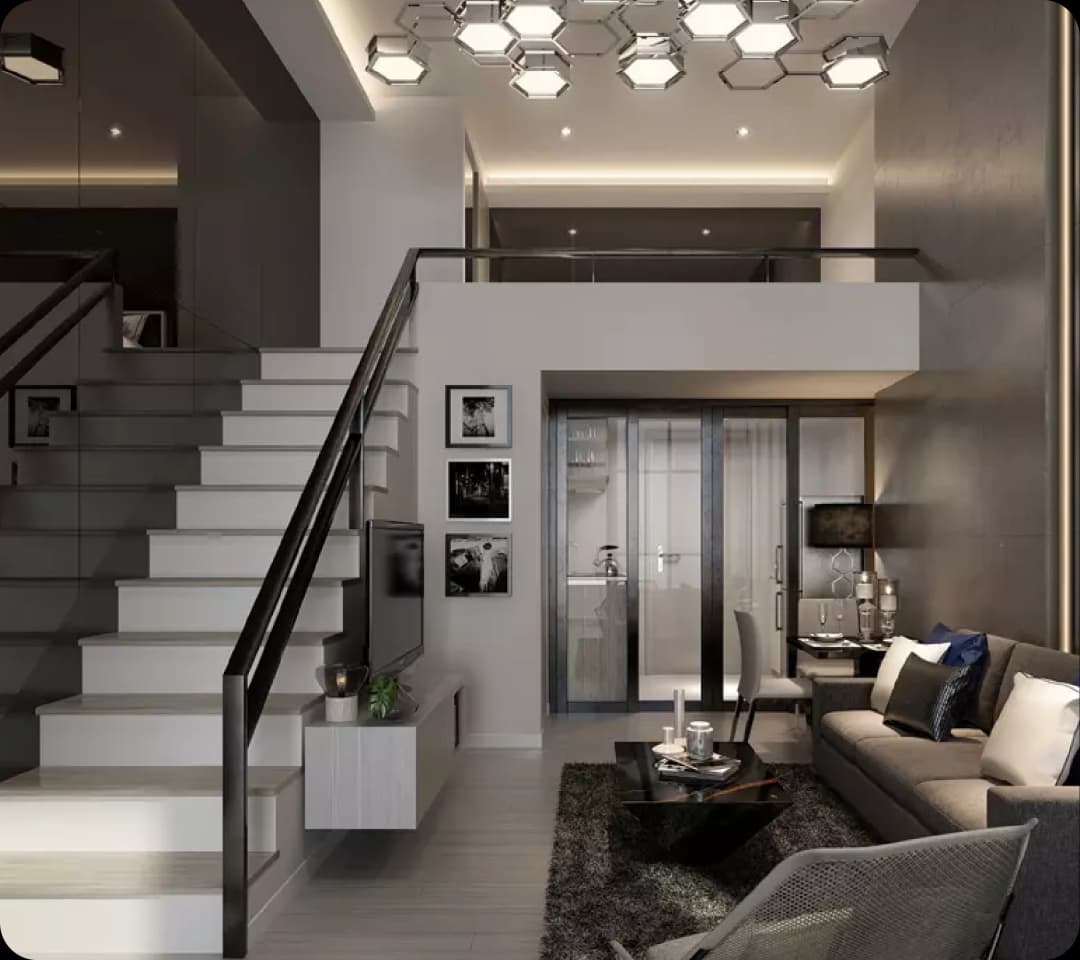 Modern duplex interior with staircase and loft