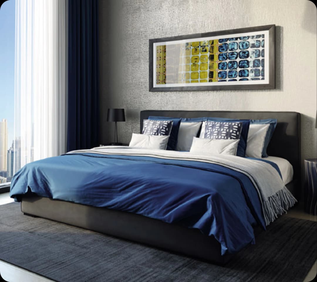 Modern bedroom with blue bedding and city view