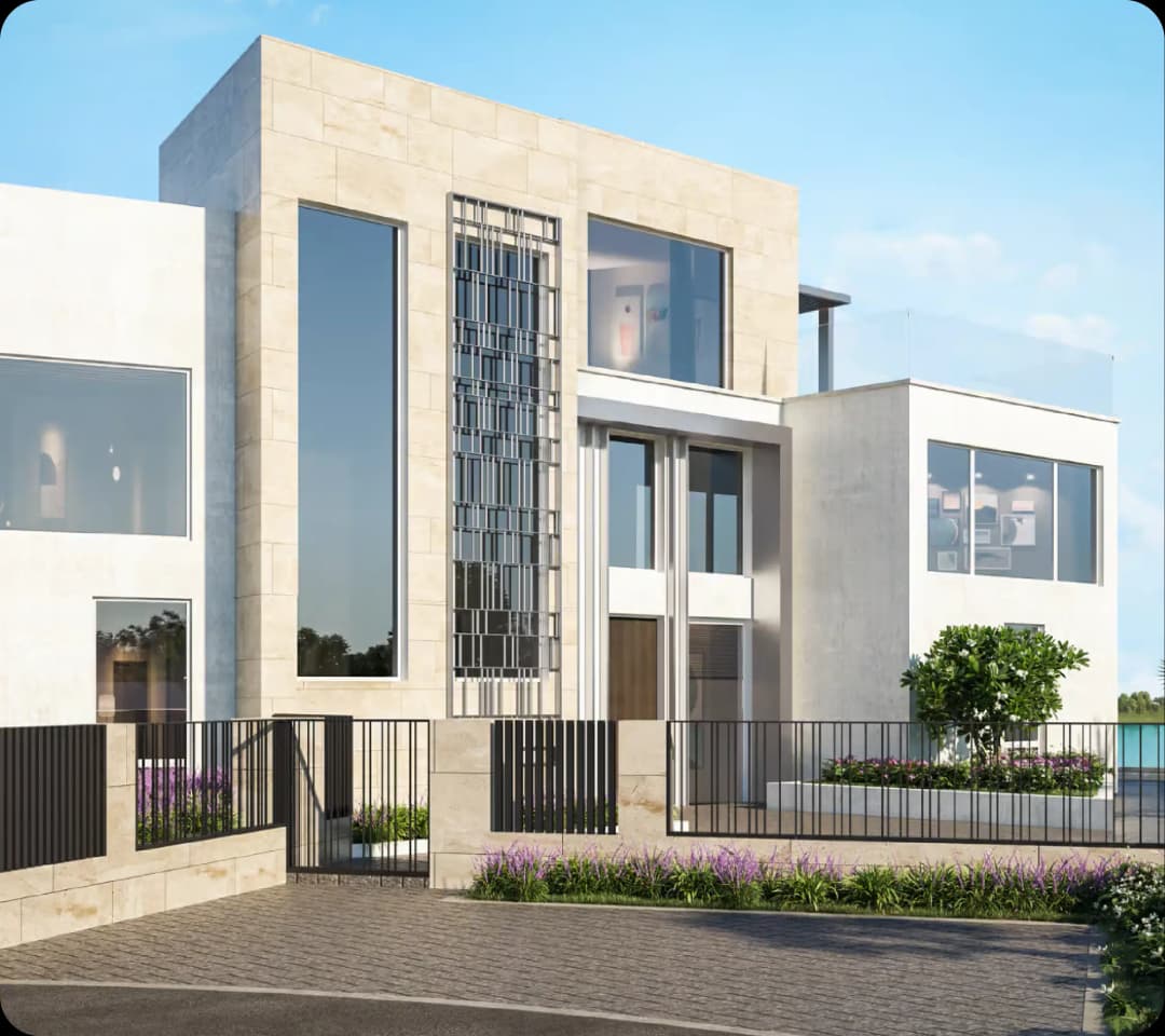 A modern, multi-level villa with large windows