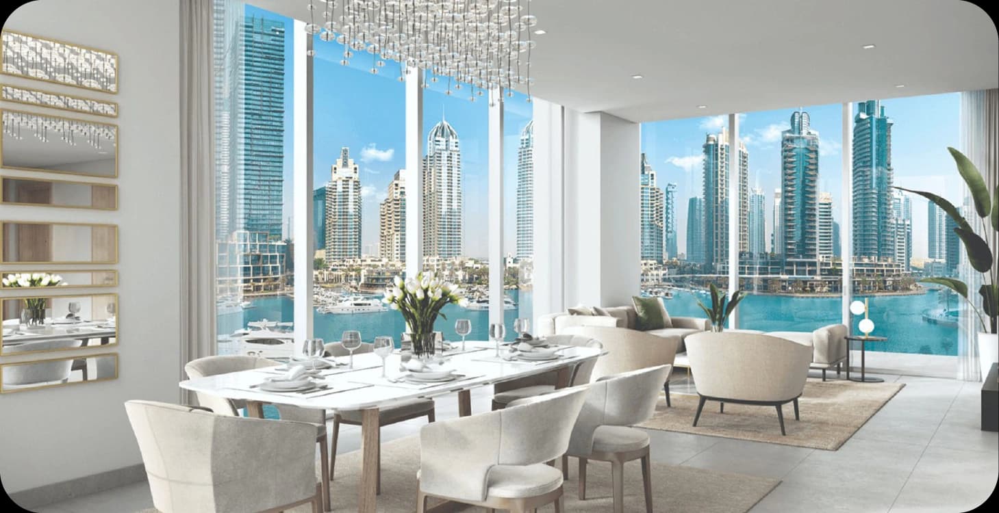 Bright dining room with waterfront city view
