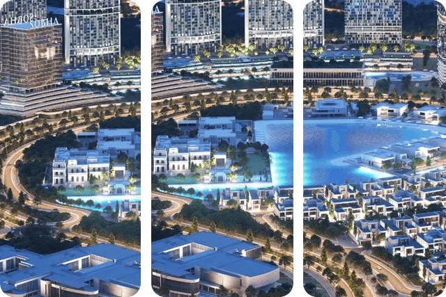 Illuminated Sobha Hartland estate from above at night