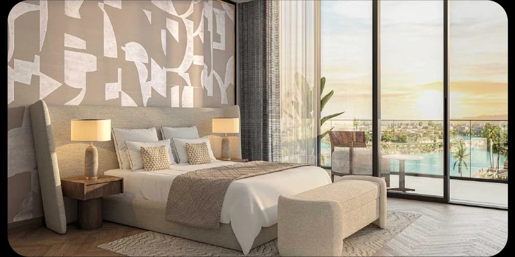 Modern bedroom with neutral tones and a scenic view