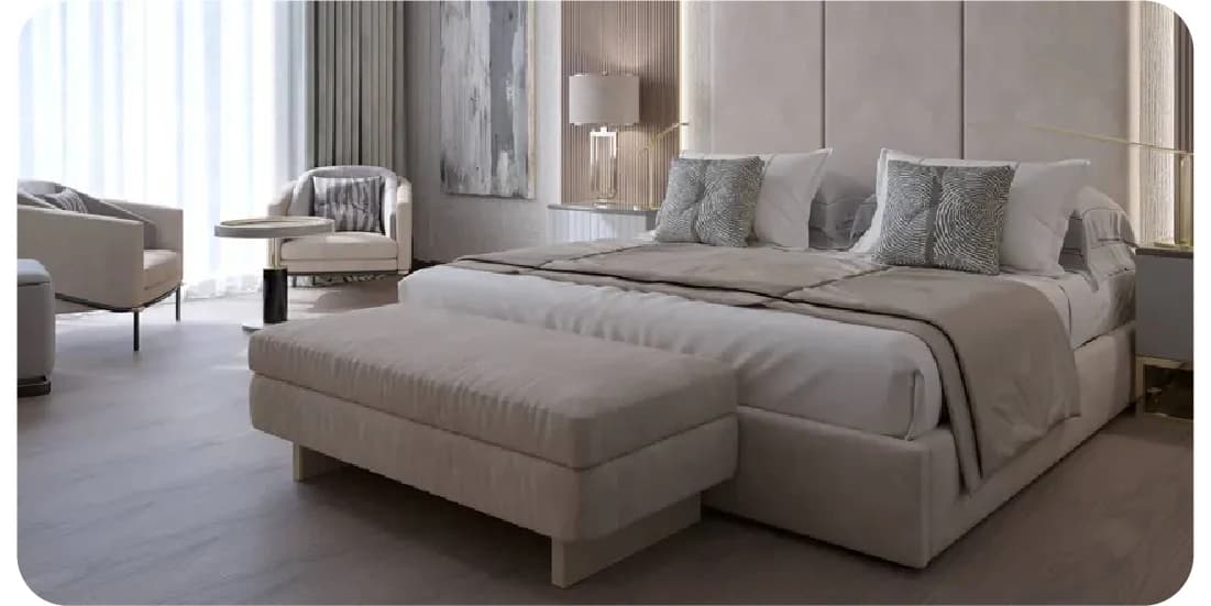 Elegant bedroom with neutral tones and soft lighting.