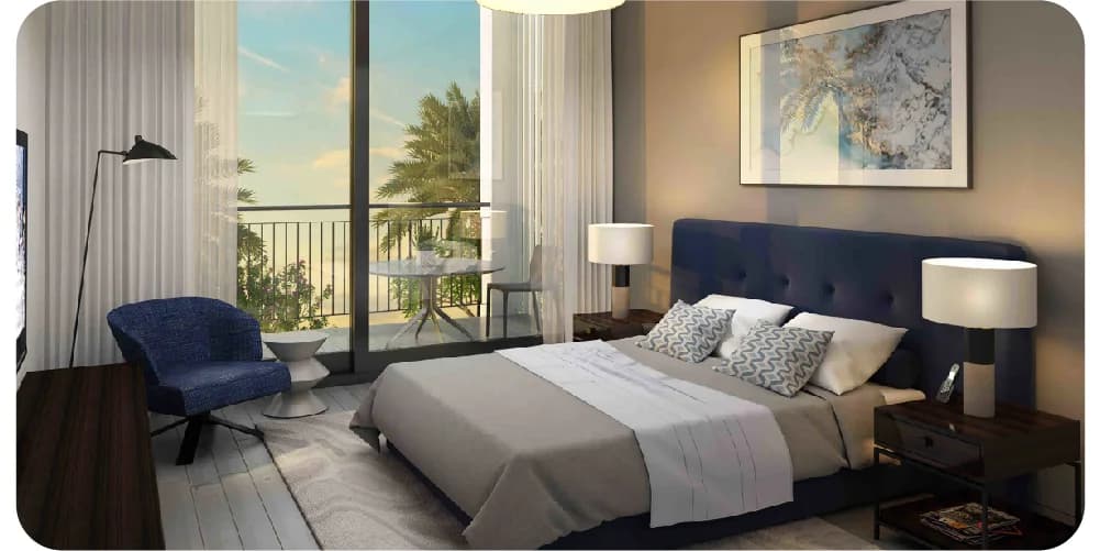 Modern bedroom with balcony and stylish decor