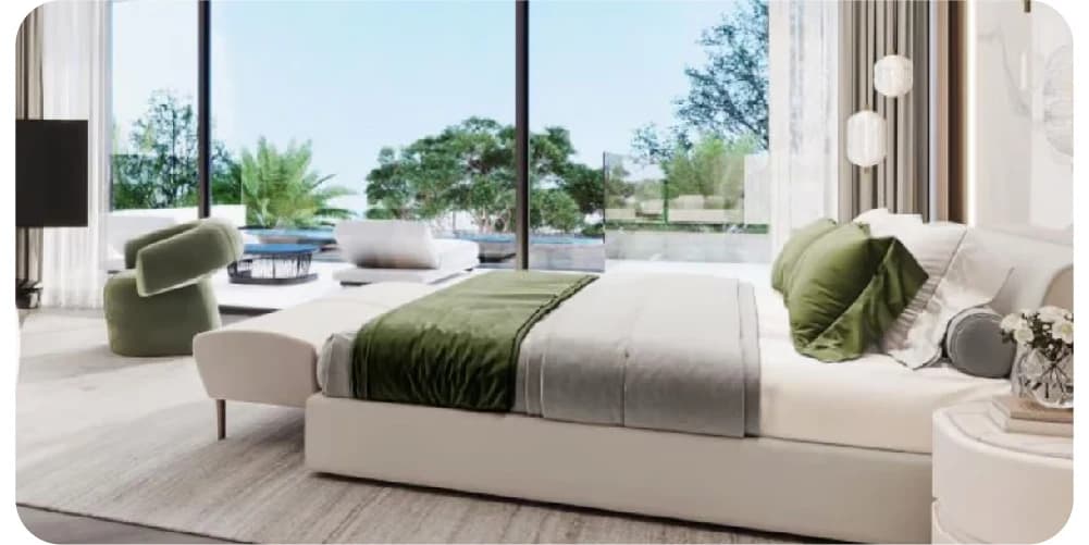 Modern Bedroom with View: Large windows overlooking lush greenery