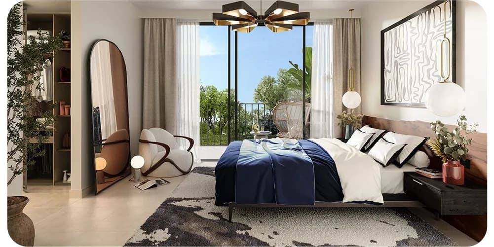 Elegant bedroom with balcony and modern decor