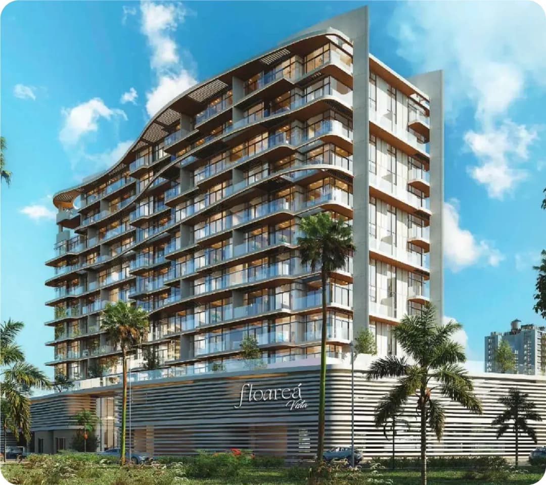 Modern curved Floarea Vista building with palm trees
