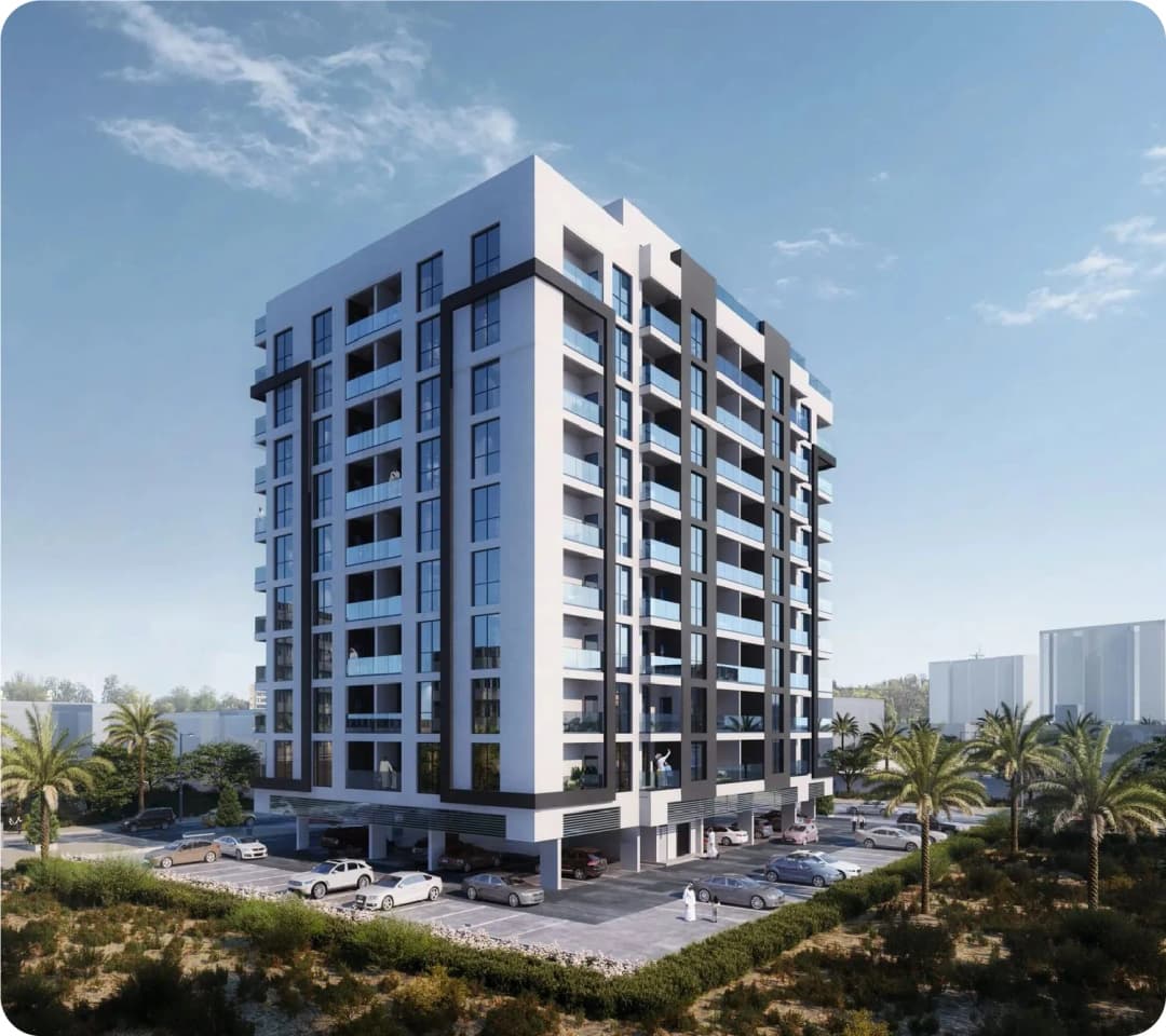 Modern high-rise apartment building with balconies