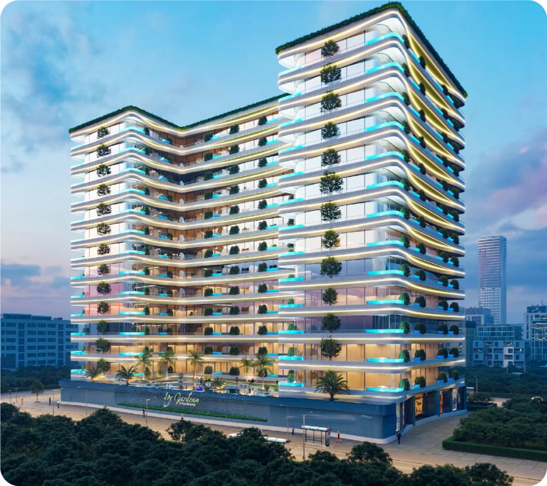 Modern curved high-rise with balconies and palm trees