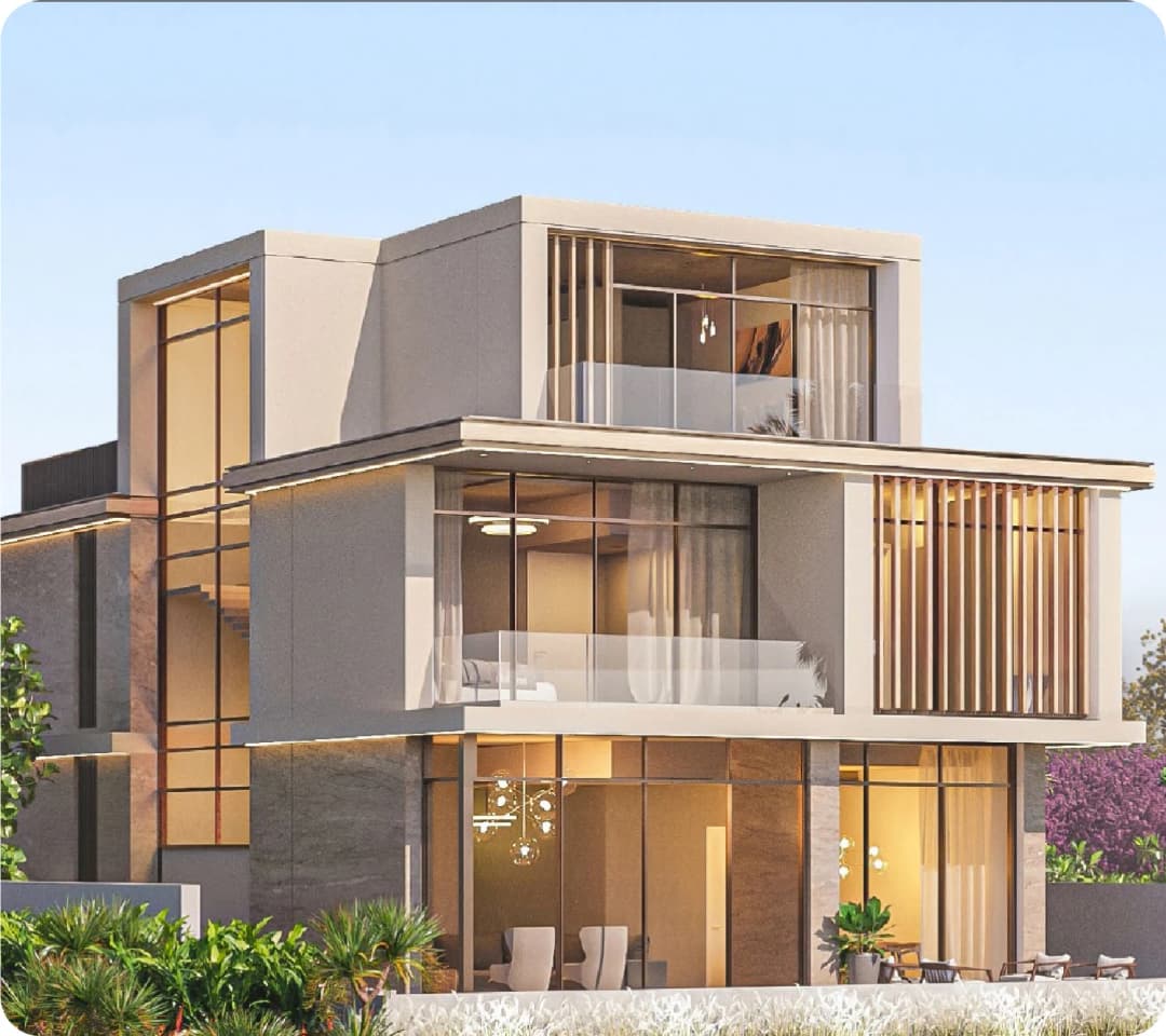 Two-story home with large windows and stone accents