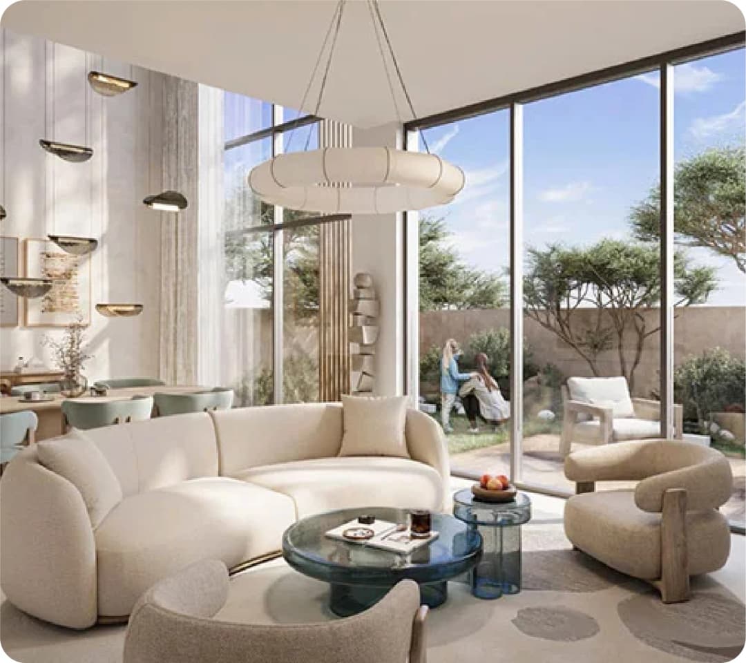Bright Modern Living Space: Curved sofa, glass table, and outdoor view