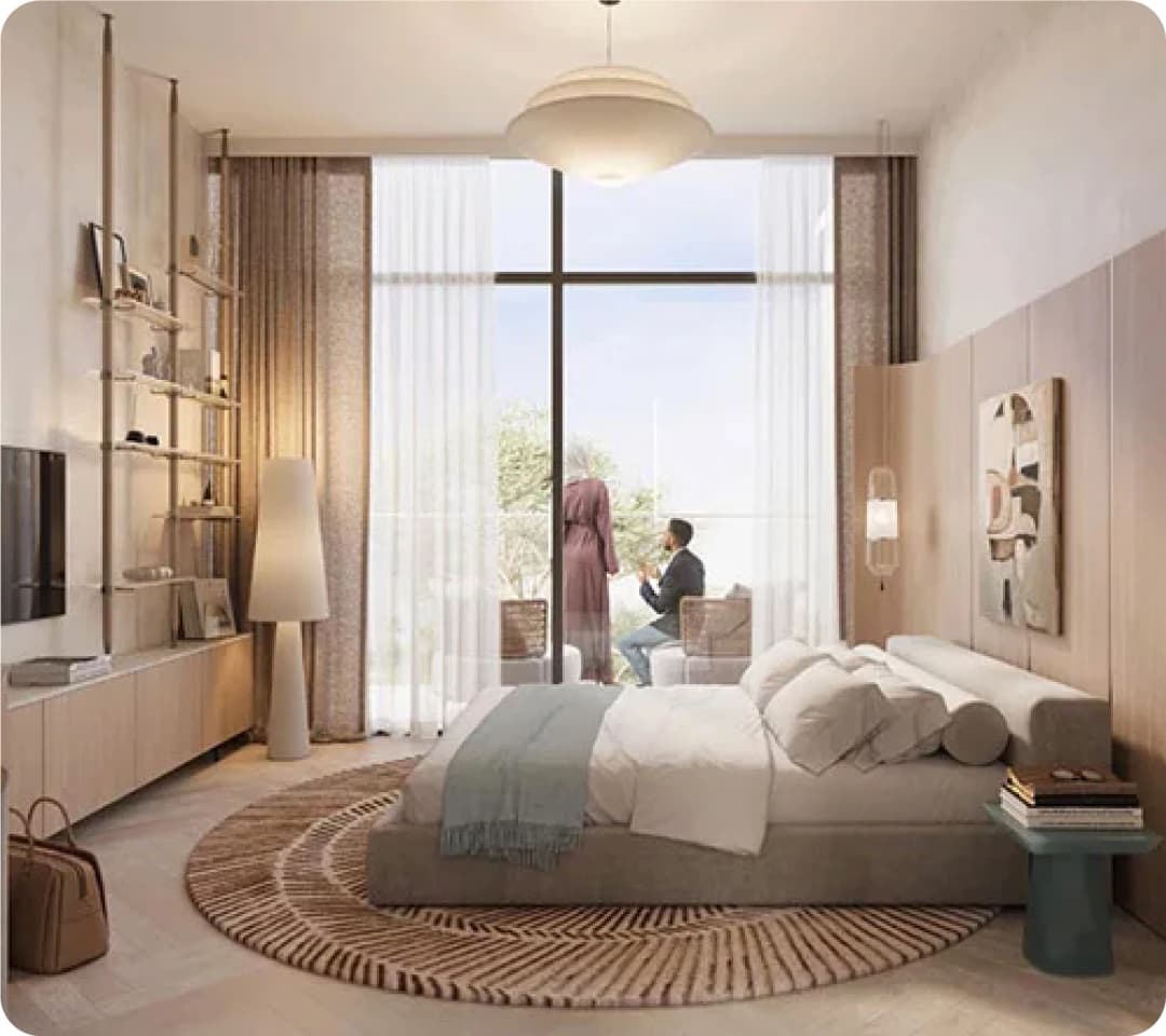 Bright bedroom with a large window and two people