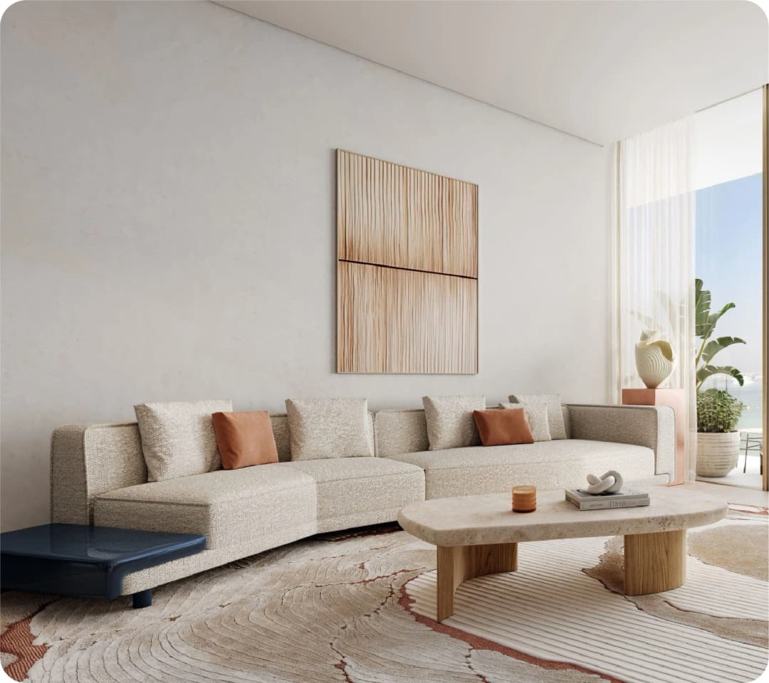 Bright, minimalist living room with a large sofa