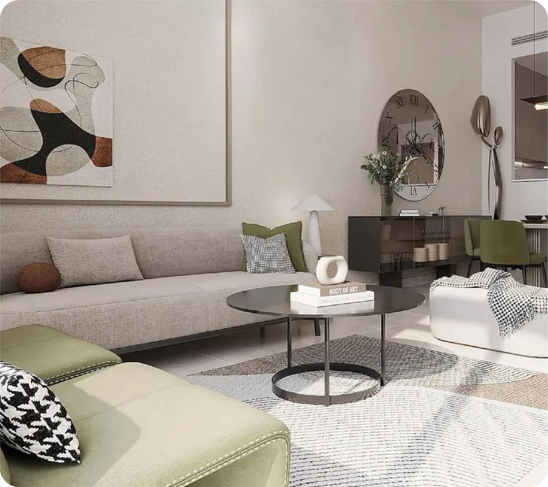Modern living room with neutral tones and abstract art