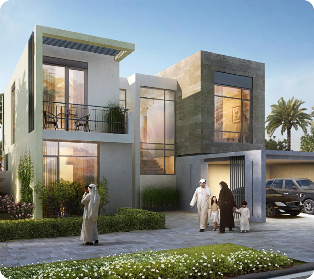 Modern house with family, cars, and landscaping