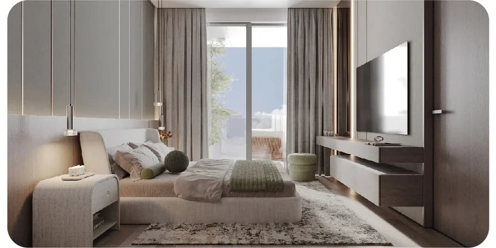 Serene, modern bedroom with soft lighting and TV