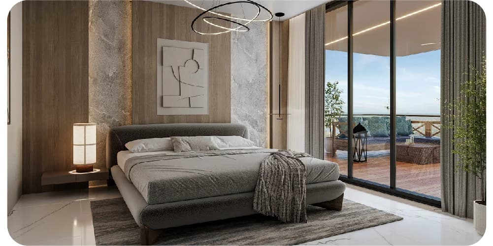 Modern bedroom with a king-size bed and balcony