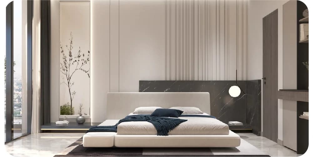 Modern bedroom with platform bed and large window