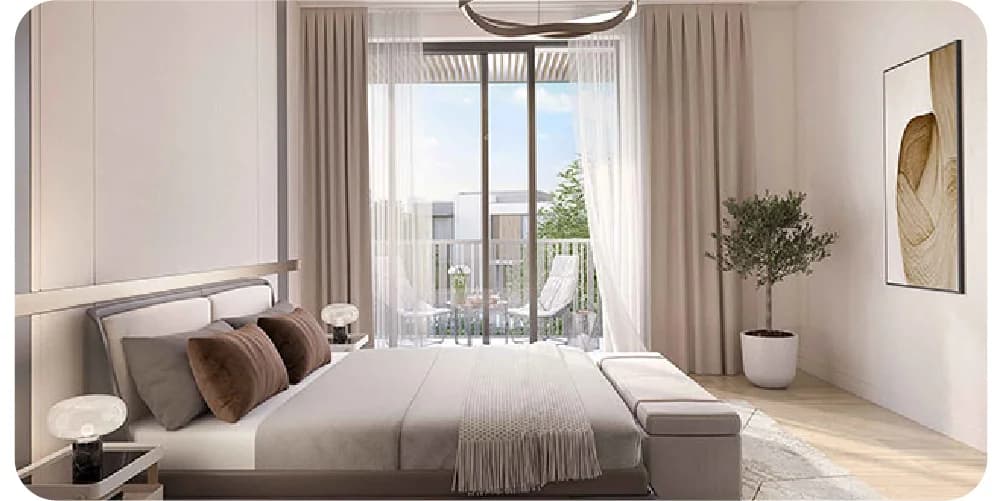 Elegant bedroom with a view of the balcony
